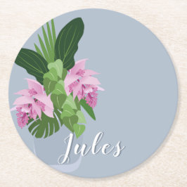 Posavasos Redondo De Papel Medinilla tropical Flor rosa en azul