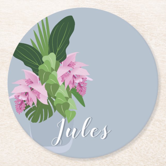 Posavasos Redondo De Papel Medinilla tropical Flor rosa en azul (Anverso)