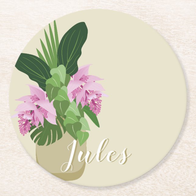 Posavasos Redondo De Papel Medinilla Tropical Flor Rosa Nombre De La Vasa Ama (Anverso)