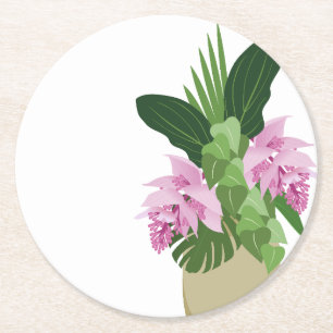 Posavasos Redondo De Papel Medinilla tropical Flor rosa Vasa amarilla blanco