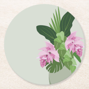 Posavasos Redondo De Papel Medinilla tropical Flor rosada en grano verde