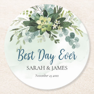 Posavasos Redondo De Papel Mejor Día Siempre Suculento Boda Floral Botánico