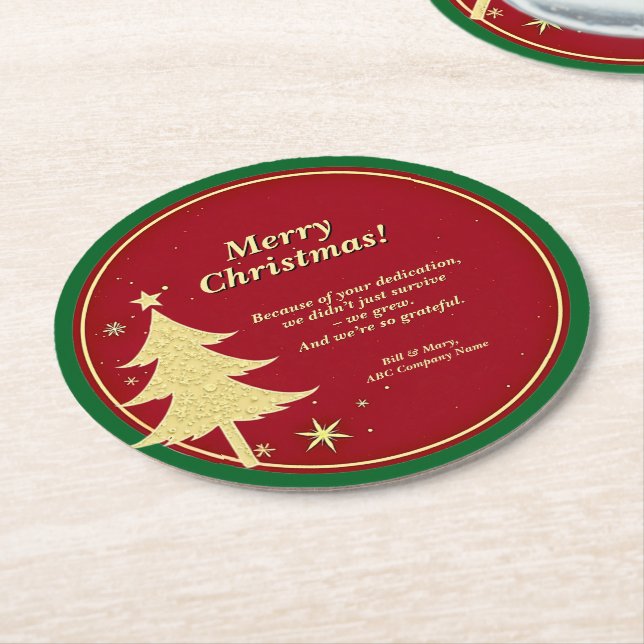 Posavasos Redondo De Papel Mensaje de nombre de negocio rojo, árbol de Navida (En perspectiva)