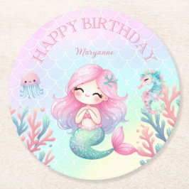 Posavasos Redondo De Papel Mermaid Tail Teal Pink Girly Birthday Party
