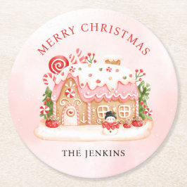Posavasos Redondo De Papel Merry Christmas Gingbread House Paper Coaster