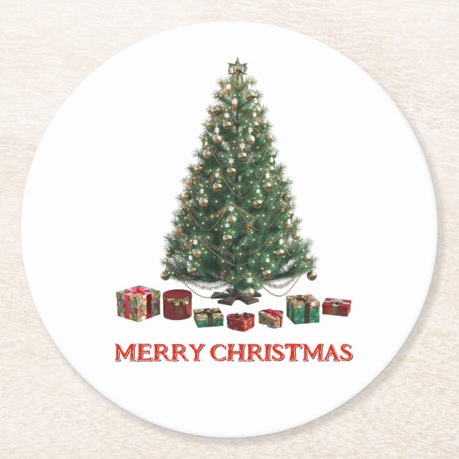 Posavasos Redondo De Papel Merry Christmas. Tree (design 1) with gifts (Anverso)