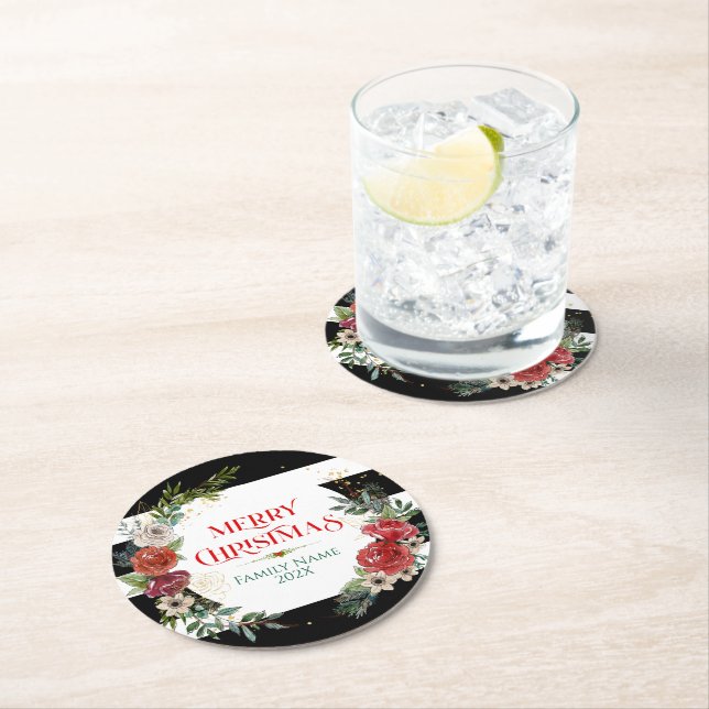 Posavasos Redondo De Papel Merry Christmas Typography & Floral Wreath Coaster (In situ)