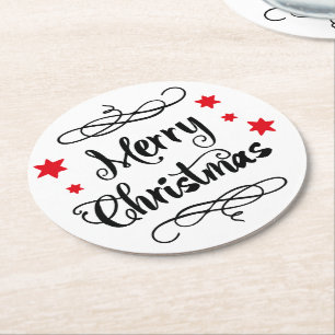 Posavasos Redondo De Papel Merry Christmas Typography Red White