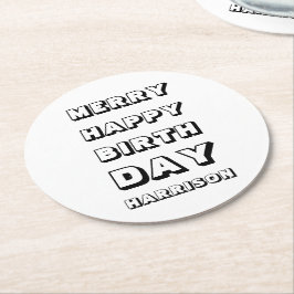 Posavasos Redondo De Papel Merry Happy Birthday nombre personalizado Navidade