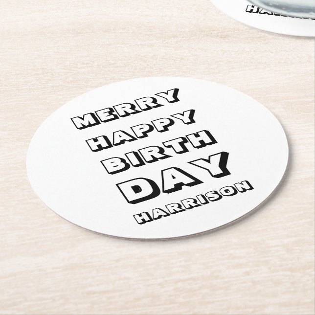Posavasos Redondo De Papel Merry Happy Birthday nombre personalizado Navidade (En perspectiva)