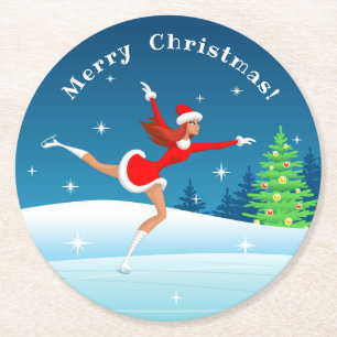 Posavasos Redondo De Papel Merry Navidad Figura Patinaje Chica Papel Reparado