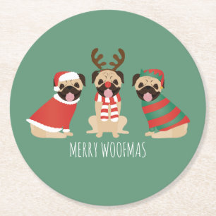 Posavasos Redondo De Papel Merry Woofmas Pug Dogs