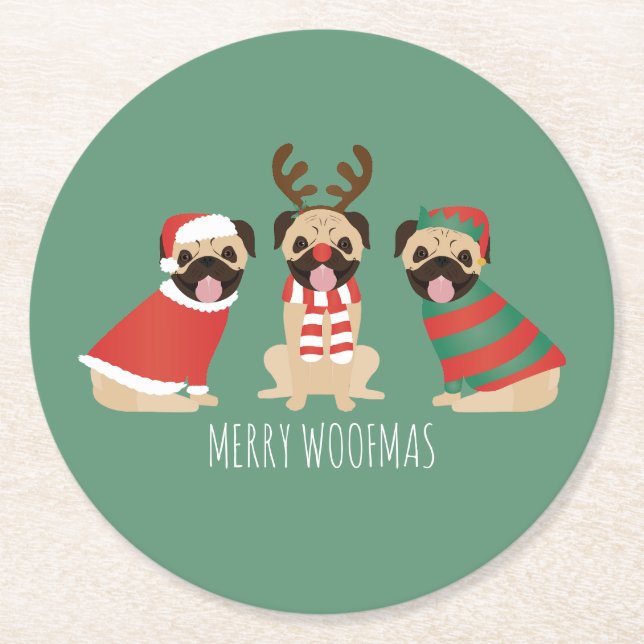 Posavasos Redondo De Papel Merry Woofmas Pug Dogs (Anverso)