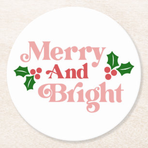 Posavasos Redondo De Papel Merry y Bright - Tipografía clásica de vacaciones