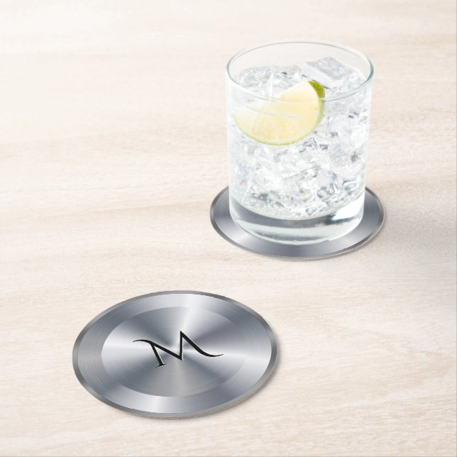 Posavasos Redondo De Papel Metallic silver texture personalized monogram (In situ)