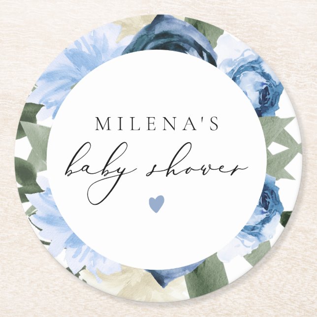 Posavasos Redondo De Papel MILENA Dusty Blue Floral Boy Baby Shower (Anverso)