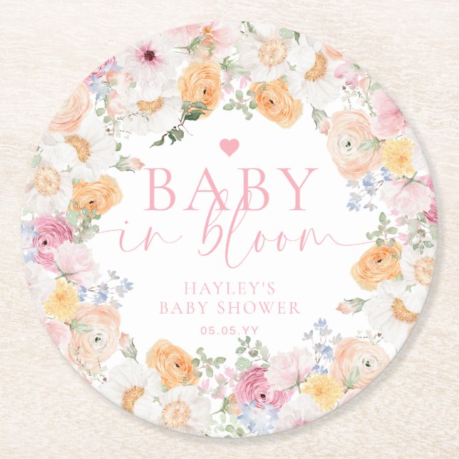 Posavasos Redondo De Papel Millie Floral Baby En Bloom Baby Shower (Anverso)