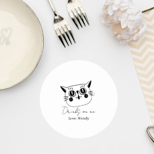 Posavasos Redondo De Papel Minimalist Cat Wedding Drink Coaster