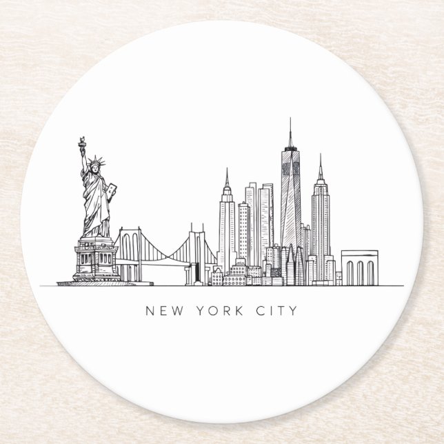 Posavasos Redondo De Papel Minimalist New York City Skyline Line Art (Anverso)