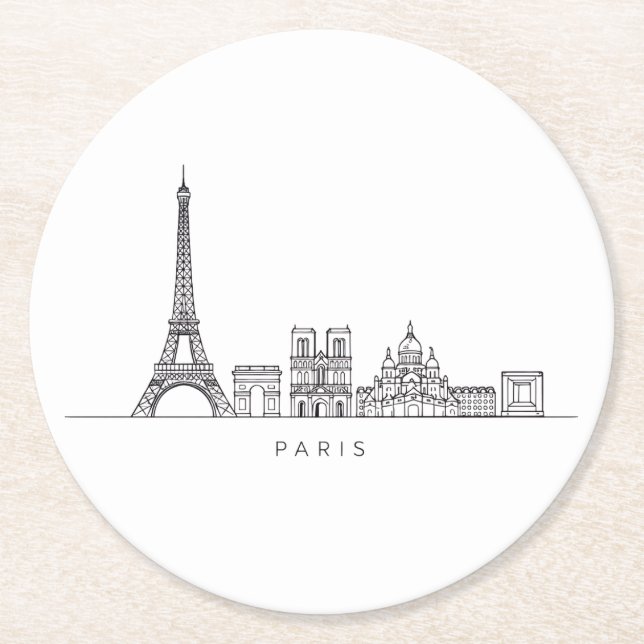 Posavasos Redondo De Papel Minimalist Paris Skyline Line Art (Anverso)