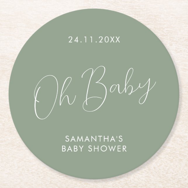 Posavasos Redondo De Papel Minimalist Script Sage Green Baby Shower day (Anverso)