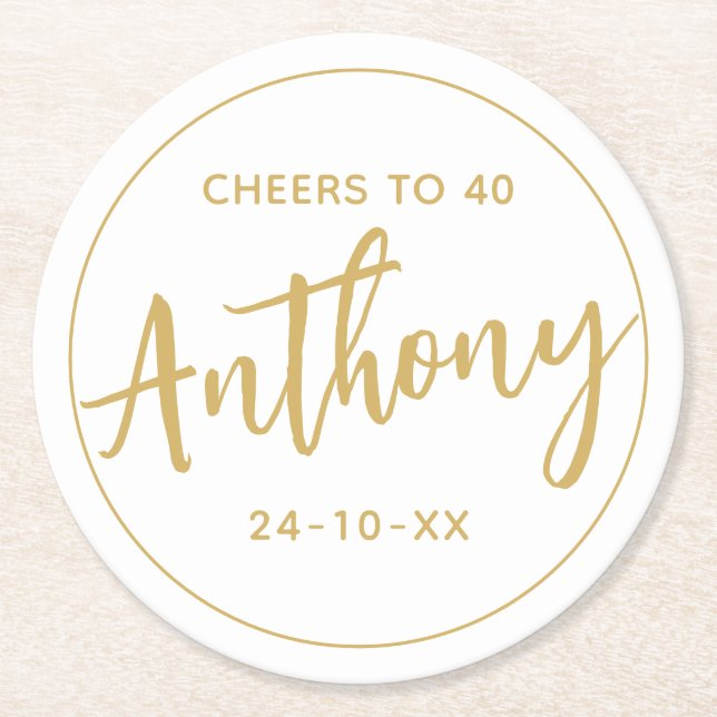 Posavasos Redondo De Papel MÍNIMO MODERNO bebidas de cumpleaños de oro antigu (Anverso)