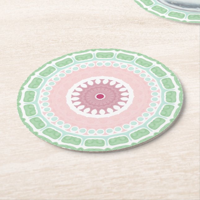 Posavasos Redondo De Papel Mint and Pink Geometric Mandala Pattern (En perspectiva)