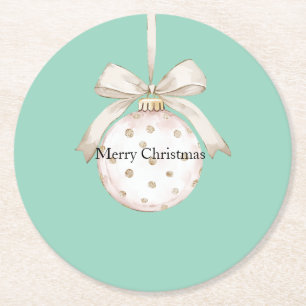 Posavasos Redondo De Papel Mint Cream Dots Bow Ornament Navidades