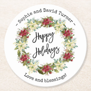 Posavasos Redondo De Papel Moda Felices Fiestas Script Poinsettia Monograma