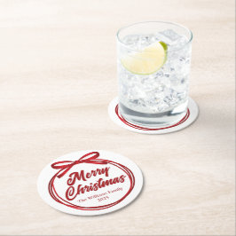 Posavasos Redondo De Papel Moda Merry Christmas Script Red Ribbon Bow Fiesta