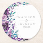 Posavasos Redondo De Papel Moda Morado Floral y Boda Plateado Monograma<br><div class="desc">Purpurina Floral Morado y Faux Plata Bandas y Confetti Acuarela Boda Floral Monograma Con un estilo de letra de cepillo a la moda! ~ Revisa mi tienda para ver toda la suite boda para este diseño!</div>