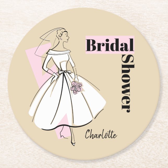 Posavasos Redondo De Papel Moda Novia Neutral Bridal Ducha redonda (Anverso)