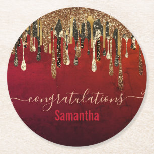 Posavasos Redondo De Papel Moda rojo negro y oro purpurina goteo monograma