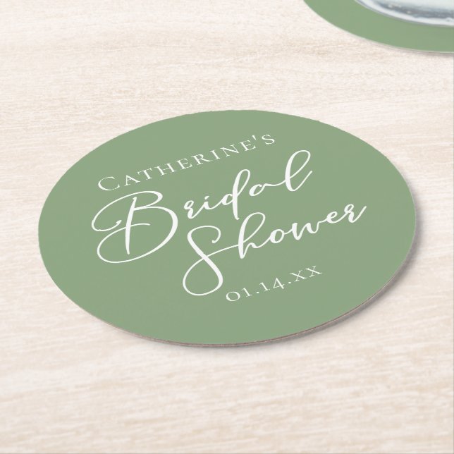 Posavasos Redondo De Papel Moda Sage Green Bridal Shower Personalizada (En perspectiva)