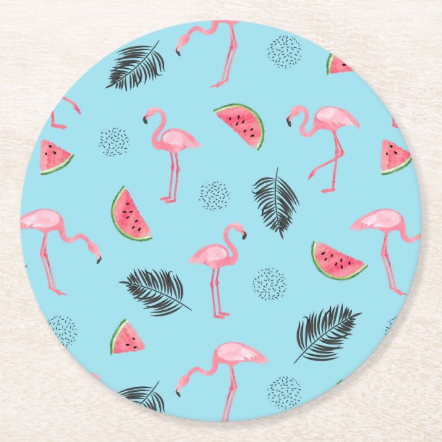 Posavasos Redondo De Papel Modelo tropical de moda del flamenco y de la (Anverso)