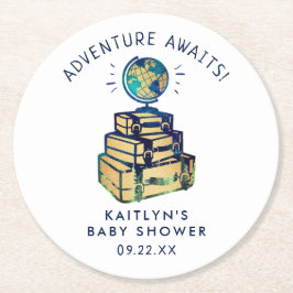 Posavasos Redondo De Papel Modern Adventure Travel Globe Baby Shower
