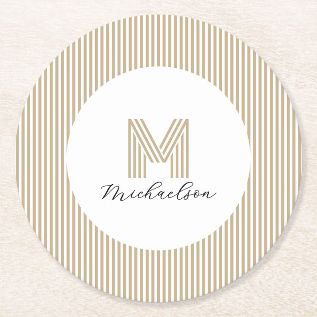 Posavasos Redondo De Papel Modern Minimal Gold Stripes Monogram (Anverso)