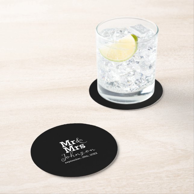 Posavasos Redondo De Papel Modern Mr. y Mrs. Black and White Boda (In situ)