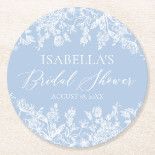 Posavasos Redondo De Papel Moderna y elegante Dusty Blue Wildflower Bridal Sh