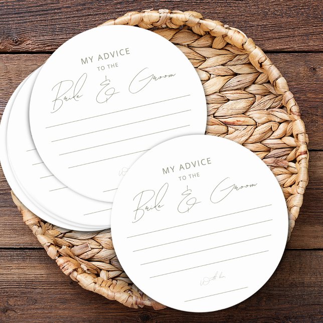 Posavasos Redondo De Papel Moderno consejo de escritura verde sabia novia Gro (Modern Sage Green Script Advice Bride Groom Favor Round Paper Coaster)