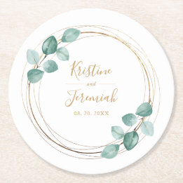 Posavasos Redondo De Papel Moderno Eucalyptus Watercolor Gold Script Boda