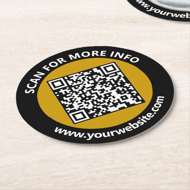 Posavasos Redondo De Papel Moderno oro Negro Código QR Personalizado Texto bl (En perspectiva)