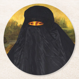 Posavasos Redondo De Papel Mona Lisa oculta detrás de Burqa