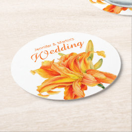 Posavasos Redondo De Papel Monasterio boda de naranja floral de Daylily Hemer