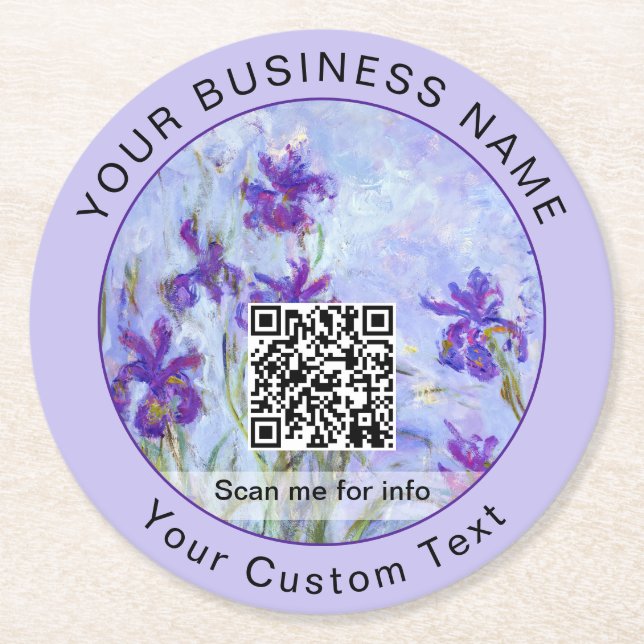 Posavasos Redondo De Papel Monet - Lilac Irises / Iris Mauves - Código QR (Anverso)