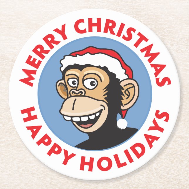 Posavasos Redondo De Papel Mono de las Felices Navidad (Anverso)