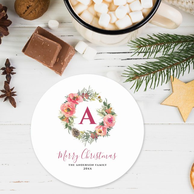Posavasos Redondo De Papel Monogram Red Greenery Pink Wreath Christmas  (Subido por el creador)