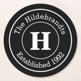 Posavasos Redondo De Papel Monograma apellido Mod BW personalizado