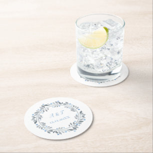 Posavasos Redondo De Papel Monograma blanco gris azul Boda floral