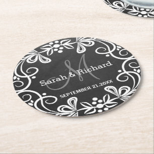 Posavasos Redondo De Papel Monograma blanco negro elegante de la boda de la